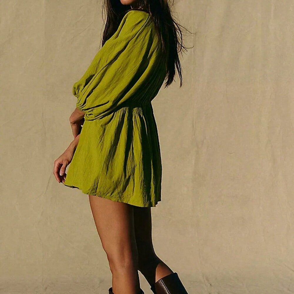 Olive Green Sexy Women's Deep V-Neck Mini Dress - Picture 4 of 5